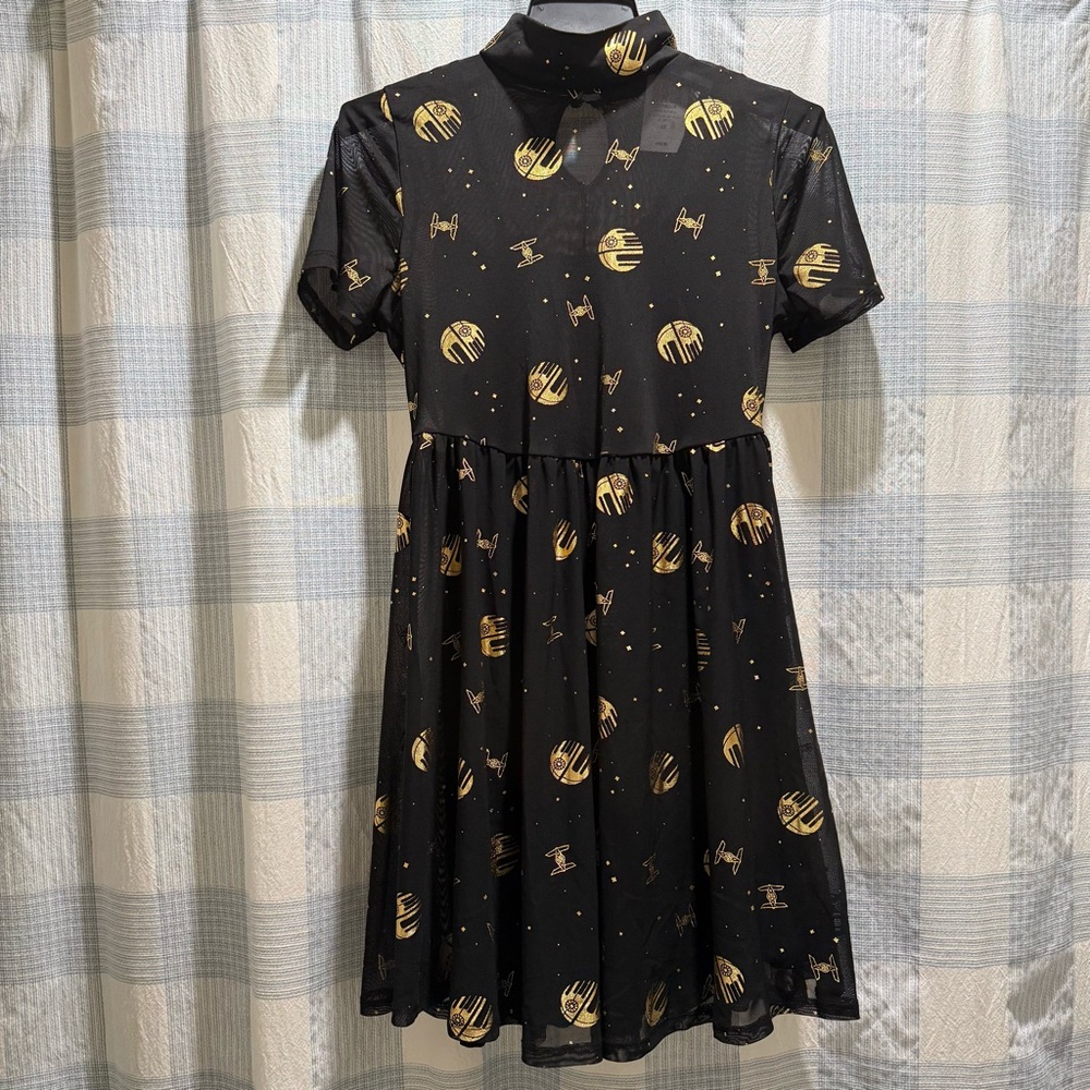 Lucasfilm 50th Anniversary Star Wars Gold & Black Death Star Mock Neck Dress L